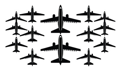 Fototapeta premium Collection of Black Airplane Silhouettes, Assorted Aircraft & Warplane Icons 