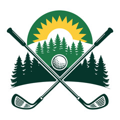 Design a golf club logo featuring a crossed golf club silhouette against a backdrop of a sun setting over a lush forest.  Emphasize elegance and natural beauty.