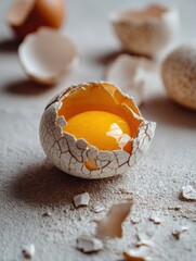 Cracked Egg Revealing Bright Yolk on Soft Neutral Surface With Scattered Shell Fragments Creating a Simple yet Striking Composition Generative AI