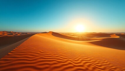 Golden desert landscape with a bright sun shining over rolling sand dunes in warm light.