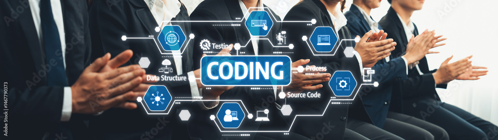 Poster this image showcases business professionals applauding during a coding workshop, surrounded by digit