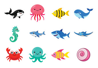 set collection of sea and ocean wild marine animals isolated on white background.