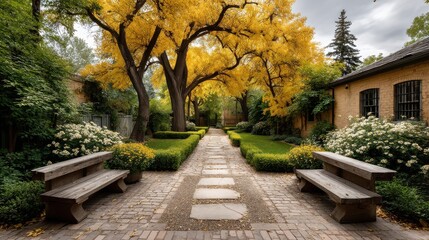 Obraz premium A quiet garden with late-season flowers still blooming under the warm Indian Summer sun, surrounded by golden foliage and the last of summer's warmth