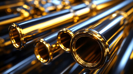 Naklejka premium Shiny new steel pipe with slick surface and bright metallic finish set against a dark background. Symbolizes strength, industry, precision, and modern engineering in a bold minimal composition.