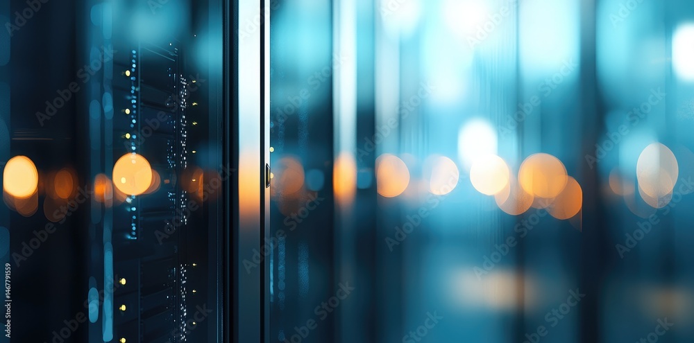 Aufkleber abstract data center corridor with glowing yellow and blue lights blurred over reflective glass rack