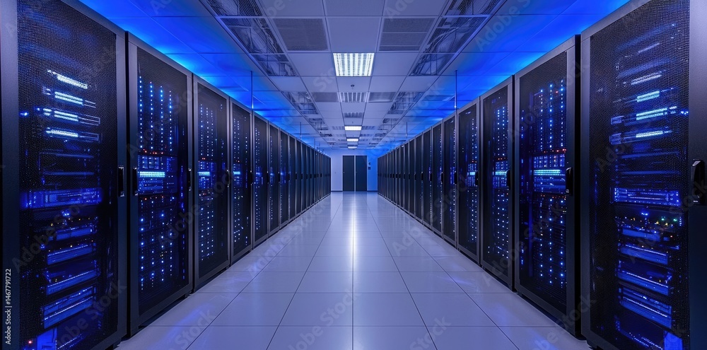 Poster Symmetrical data center corridor with black server racks and glowing blue LEDs under a white panel ceiling, ideal for secure hosting and cloud system visuals