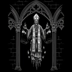 Fototapeta premium Spectral Cleric: Ethereal Bishop Amidst Gothic Arches in Black and White Art