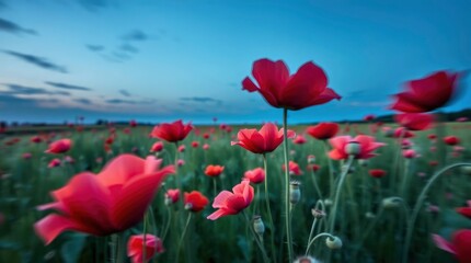 Naklejka premium Vibrant red poppies sway gently in a field at twilight, evoking a sense of natural beauty.