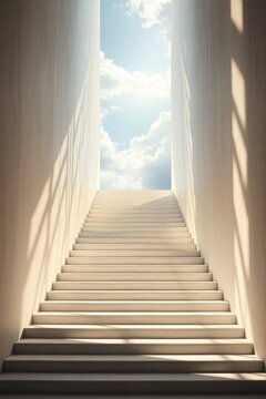 Ascending staircase bathed in ethereal light leads towards an opening with blue sky, hope and peace.