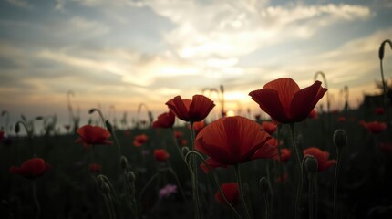 Obraz premium Vibrant red poppies bloom gently at twilight, creating a tranquil, scenic, and picturesque vista.