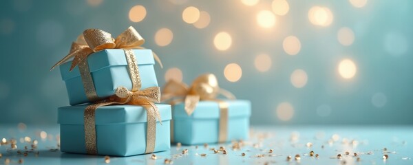 Stack of wrapped gifts with bokeh background. Blue boxes with golden ribbons, bows. Festive holiday, birthday celebration, surprise. Ideal for special occasion, donation, charity.