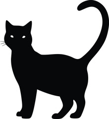 Elegant black cat silhouette standing gracefully with a curled tail high up
