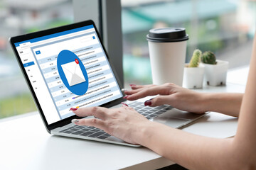 Email notification message showing on computer screen snugly. Digital marketing message information text from business to customer client