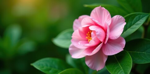 Fototapeta premium Delicate pink camellia, vibrant green foliage , image, vibrant, macro