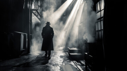 Blades of fluorescent light slice through steam in an alleyway, casting dramatic shadows over the silhouette of a detective