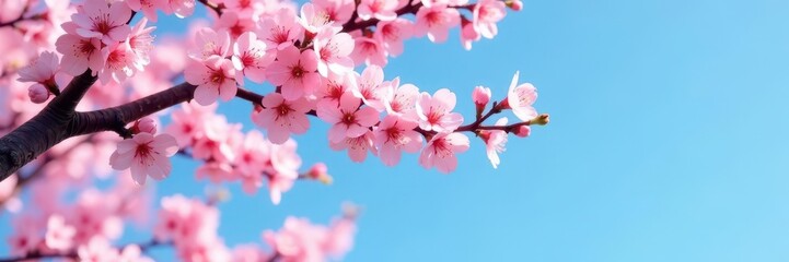 Obraz premium Overhanging branch laden with dense pink cherry blossoms, clear blue sky, japanese, blossom, macro