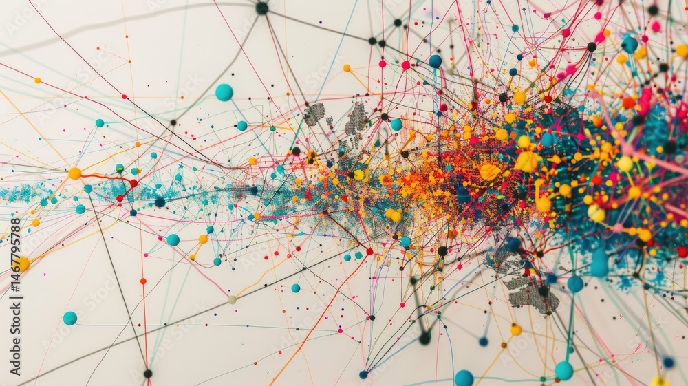 Poster this vibrant abstract visualization illustrates critical network dynamics using colorful nodes and c