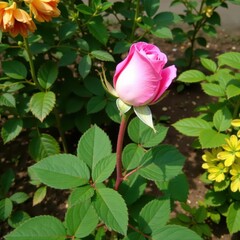 Single pink rose, elegant long stem, vibrant foliage, garden setting, plant, beauty