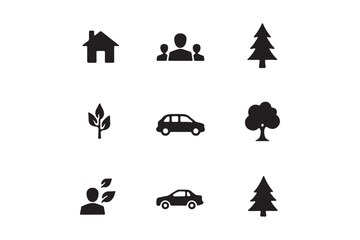 Eco Community Icon Set Nature, Family, Home, Tree, Car Vector Graphics