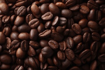 Close-up of roasted coffee beans. Rich, dark brown tones.