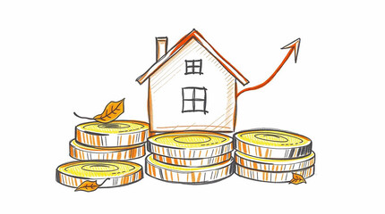 Hand-drawn sketch with warm autumn colors A house on coins with an upward graph symbolizing real estate investment growth, rendered with rough lines, textured pencil strokes, a white background, and e