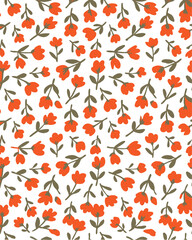 seamless floral pattern , hand-drawn pink tulip-like flowers with dark green stems and leaves. The flowers should be evenly