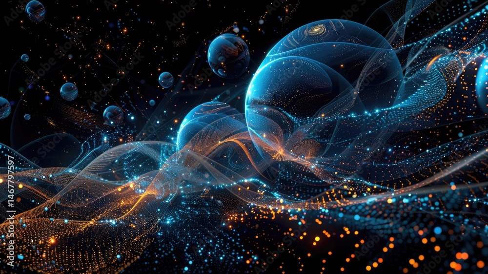Poster abstract picture of neon light particle with digital technology style design connecting become dynam