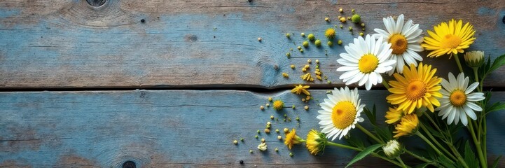 Obraz premium A few dried chamomile sprigs and fresh blooms arranged on weathered wood , health, organic, photography