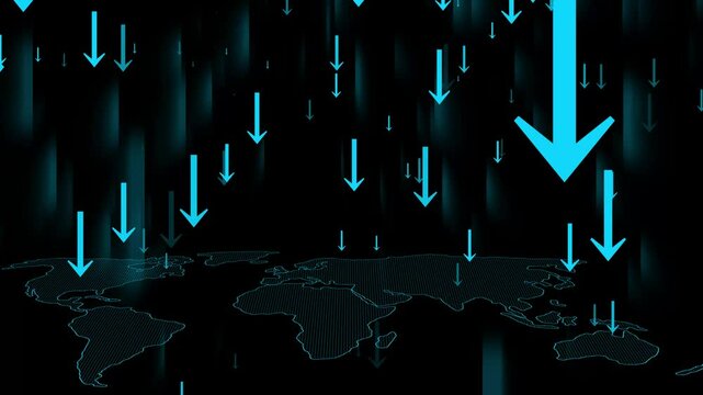 Downward Arrows Over World Map Animation, A world map in the background with numerous downward-pointing arrows overlaying it