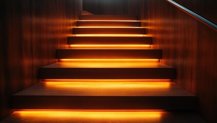 Wooden staircase with warm orange LED lights