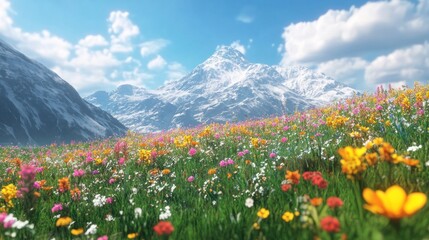 Fototapeta premium Vibrant meadow of wildflowers with snow-capped mountains under a sunny sky