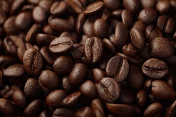 Close-up of roasted coffee beans, rich brown tones and textures.