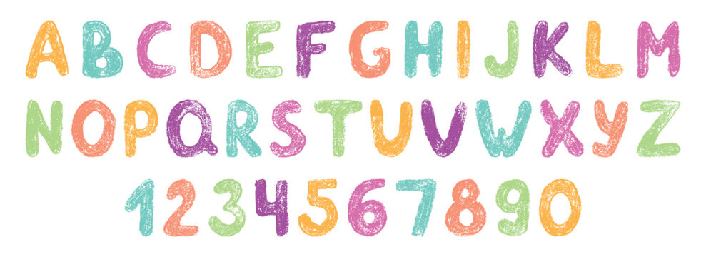 Crayon childish alphabet and numbers with pencil crayon texture. Hand drawn scribble letters and numbers in kids grunge style with crayon texture.