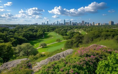 Panoramic View of a Golf Course with a City Skyline