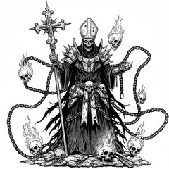 Grim Pontiff: Monochrome Depiction of a Skeletal Figure Adorned in Ecclesiastical Attire