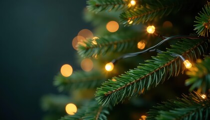 Delicate fairy lights entwined amongst lush green Christmas tree branches , warm, cozy