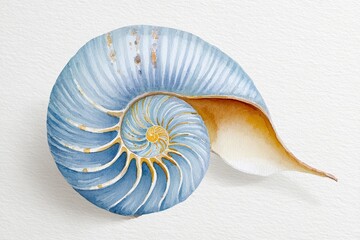 Obraz premium Watercolor illustration of a nautilus shell showcasing intricate spiral patterns and soft blue hues, emphasizing natural beauty and marine life in artistic representation