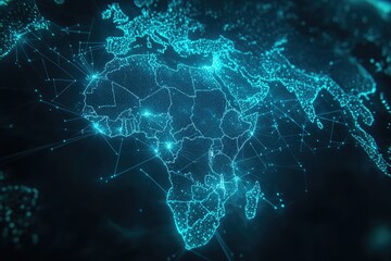 Global interconnectedness of Africa.  A detailed,  glowing, digital representation of the African continent overlaid on a global map, showing intricate connections.  