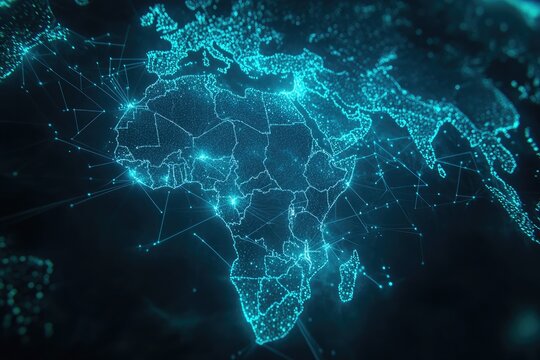 Global interconnectedness of Africa.  A detailed,  glowing, digital representation of the African continent overlaid on a global map, showing intricate connections.  