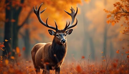 Majestic red deer stag stands in autumn forest. Brown fur, impressive antlers, surrounded by fall colors. Warm tones with orange leaves. Wilderness, wildlife, natural beauty of season in park.