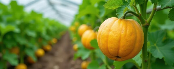Ripe cantaloupes growing on vines in a greenhouse , plant, farm, cultivation