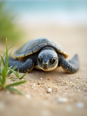 Obraz premium Close-up of a baby sea turtle crawling on sandy beach with grass, showcasing its journey to the ocean