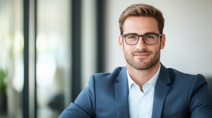 Fototapeta premium Confident Businessman with Glasses in Modern Office Setting Smiling Brightly