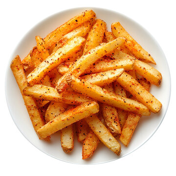 An elegant white plate containing crispy French fries, carefully seasoned with delicious spices. isolated on a White background