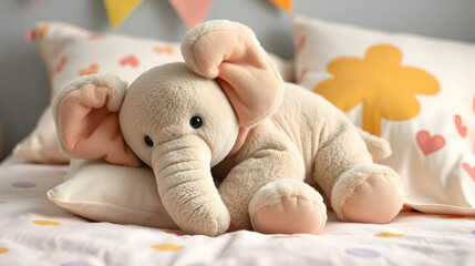 A soft huggable stuffed elephant resting on pillow in a childa??s room