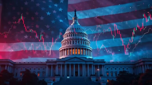 Government Building with National Flag and Stock Market Data Overlay