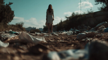 Lonely woman among garbage