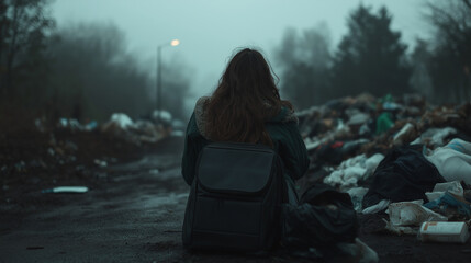 Lonely woman among garbage