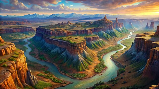 A sweeping canyon landscape with dramatic cliffs, a winding river, and vast plateaus under a colorful sky at sunset.