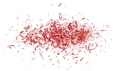 Dried saffron threads spice flying, isolated on white background, Crocus sativus, clipping path 